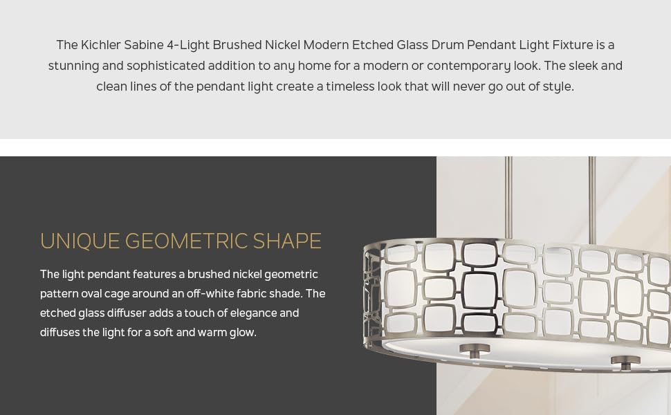 Kichler Sabine Brushed Nickel Pendant Light – Large Modern Drum Fixture with Etched Glass (22"+, Contemporary Design)