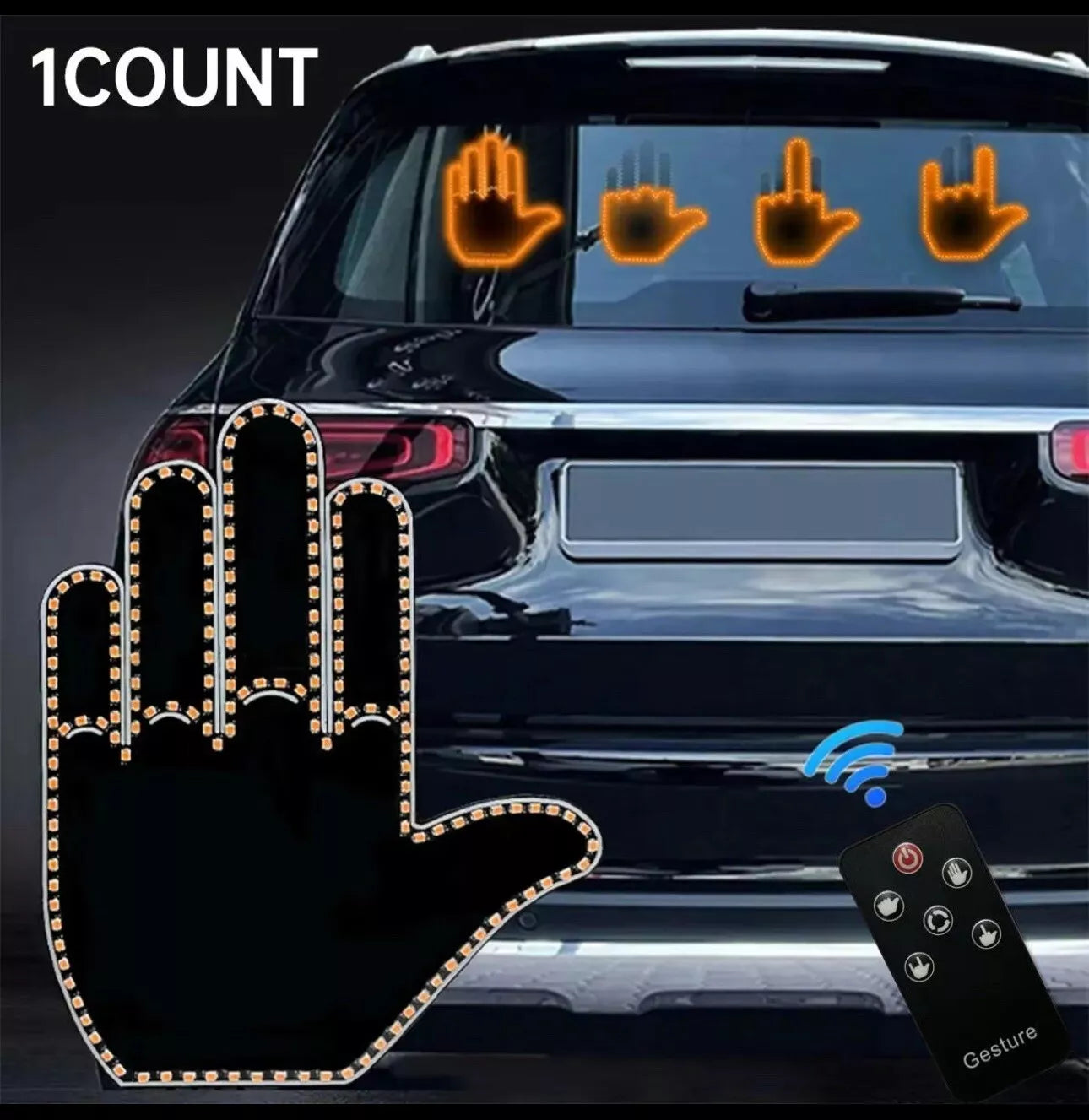 Fun LED Finger Hand Gesture Light β Remote-Controlled Car Back Window Sign | Expressive 4-in-1 LED