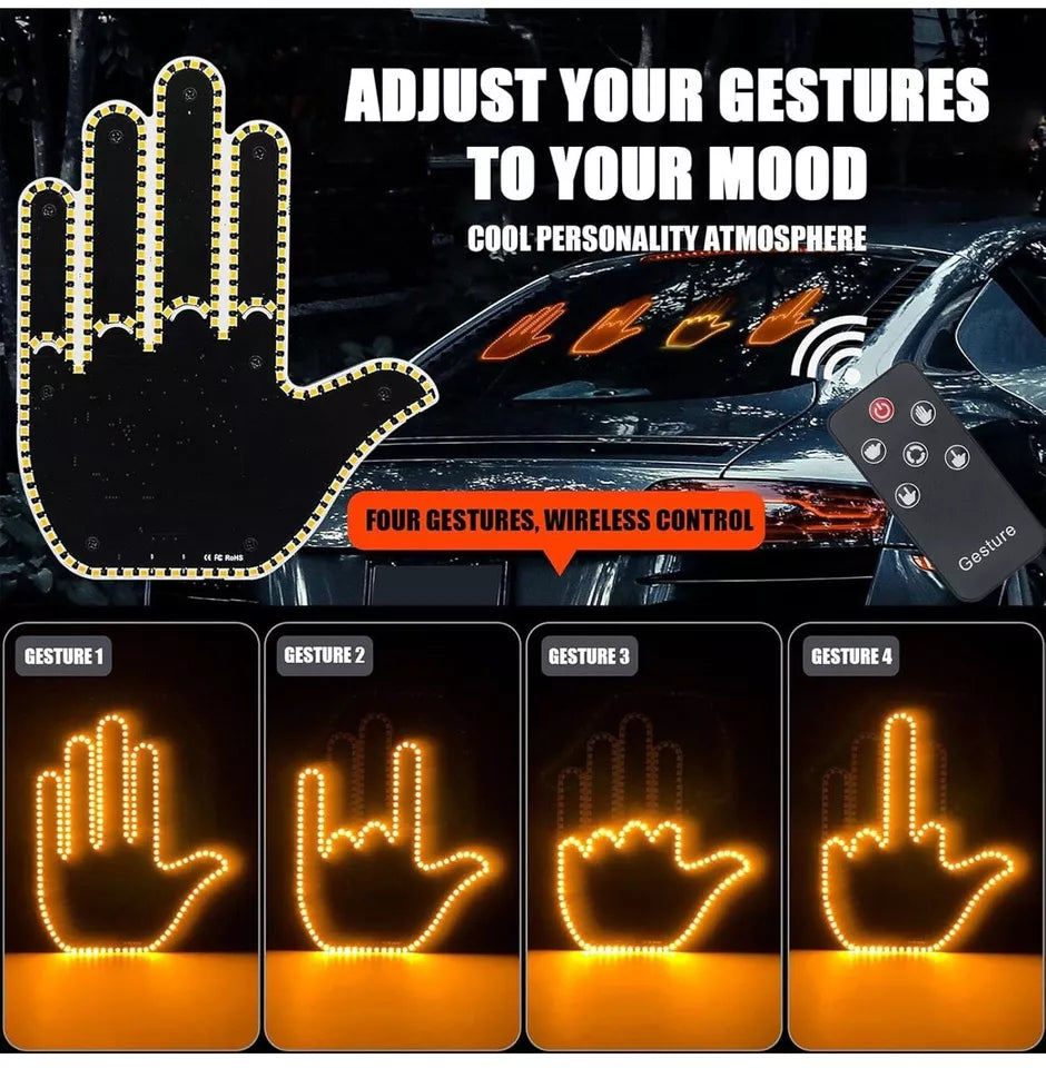 Fun LED Finger Hand Gesture Light β Remote-Controlled Car Back Window Sign | Expressive 4-in-1 LED